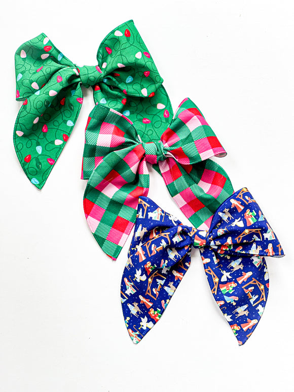 ISABELLE - XL Hand Tied Green and Blue Christmas Bows on Alligator Clips