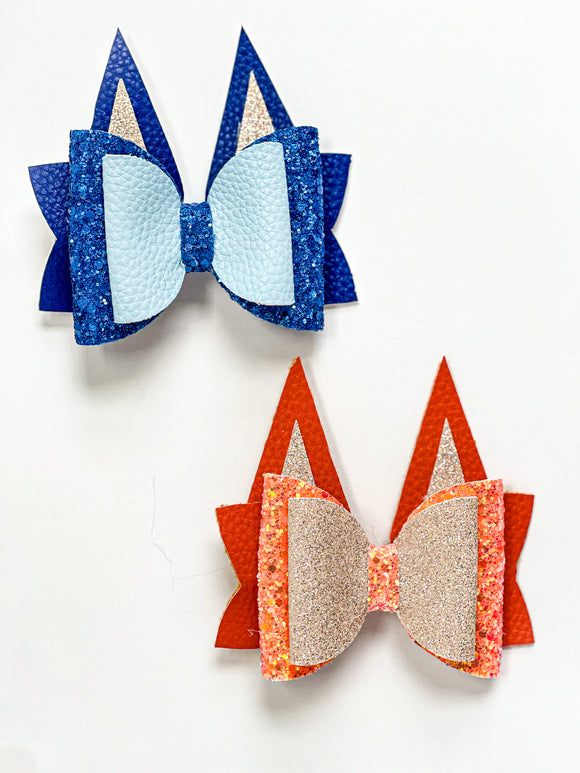 OLIVIA - Faux Leather Bow with Blue & Orange Dog Ears on Alligator Clip