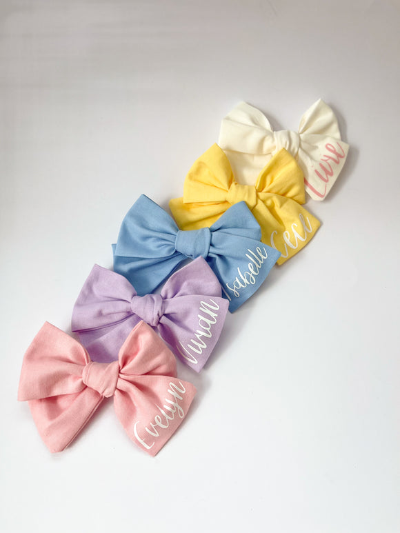 IZZY - Personalized Cotton Hand Tied Pinwheel Bow on Alligator Clip or Baby Nylon Bow